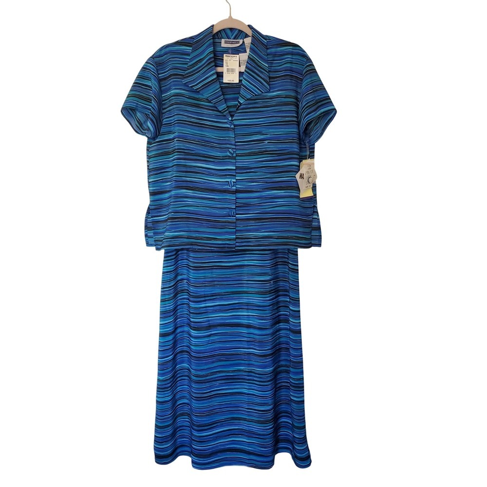 Prophecy Sag Harbor 2 Pc Dress Set Blue Turquoise Wavy Stripe Vintage Sz 10 NWT